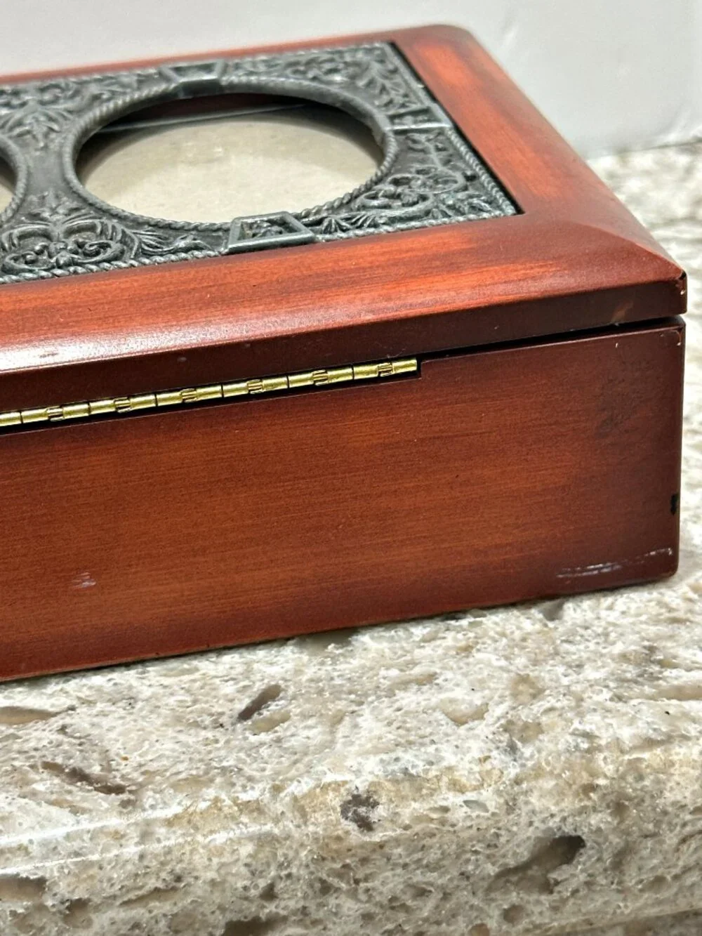 Wood Jewelry Keepsake Box with Ornate Pewter Double Oval Photo Frame Lid Vintage